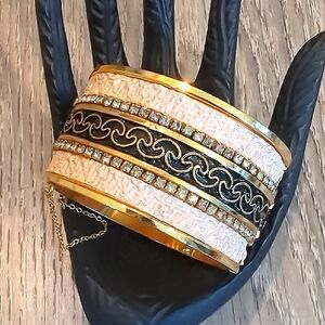 Vintage Rhinestone Gold and Black Bangle Bracelet